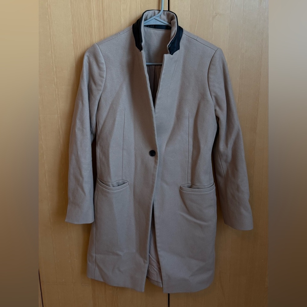 AllSaints Tan Trench Coat with Black Contrast leather Collar